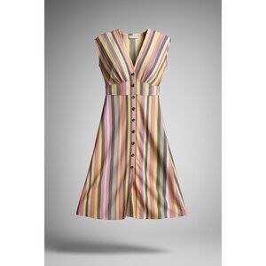 Ann Taylor Loft Striped Button-Front Flare Dress Womens 0P Petite NWT V-Neck Cap